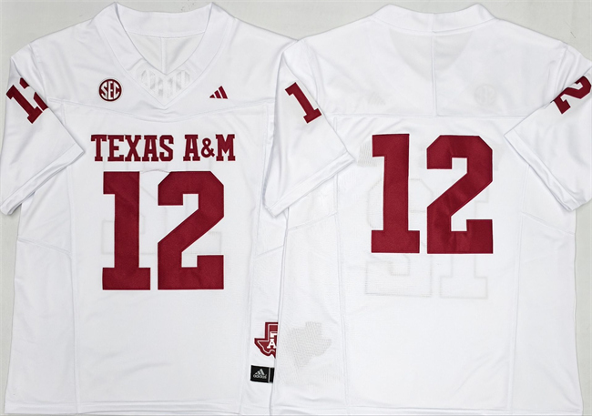 Men's White Texas A&M Aggies Lions #12 Premier Strategy 2025 F.U.S.E. Stitched Jersey